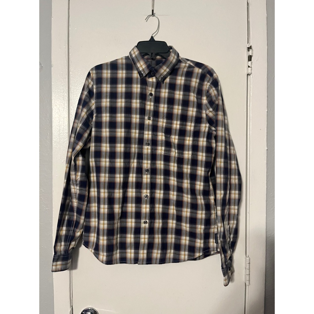 Armani Exchange Mens Plaid Button Down‎ Shirt Navy Blue Yellow Cotton Fitted M